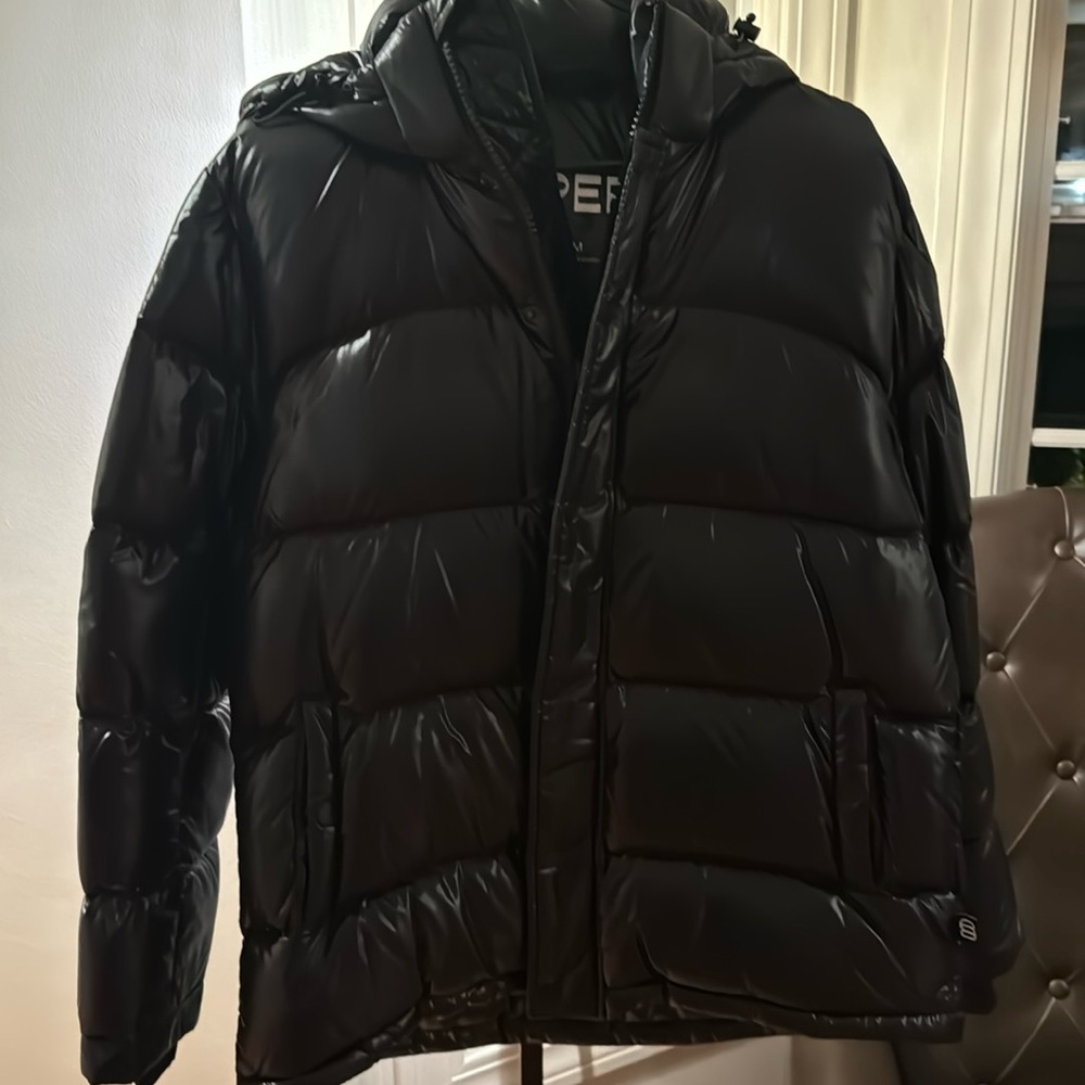 Black slightly shiny super puffer coat purchased last season from Aritzia